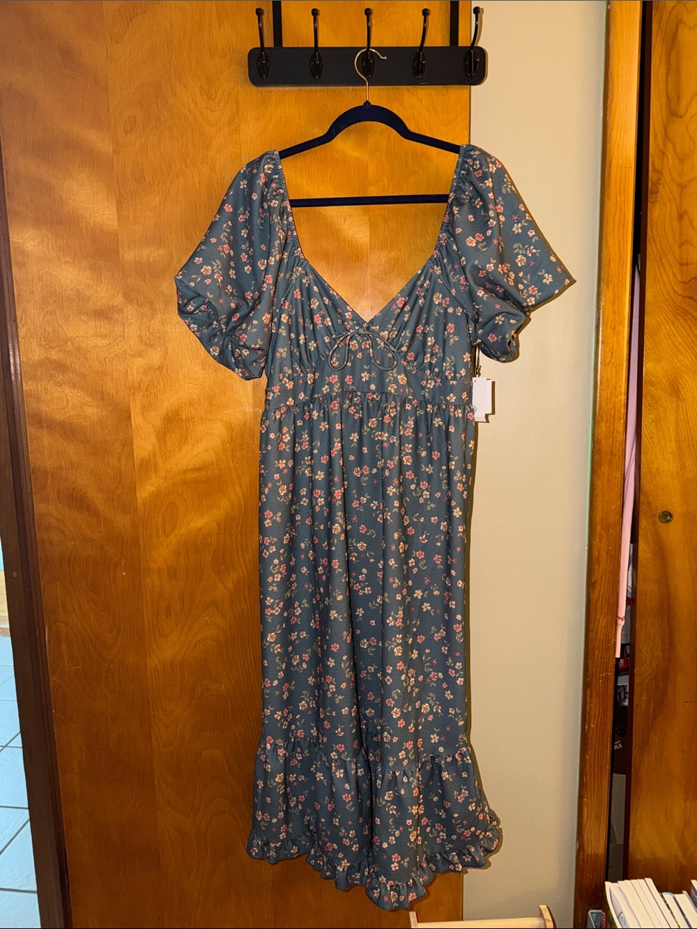 Floral Puff-Sleeve Midi Dress — Teal with Pink Floral